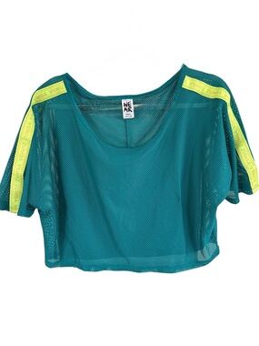 Zumba Fitness Teal Mesh Crop Top with Neon Yellow Shoulder Tape